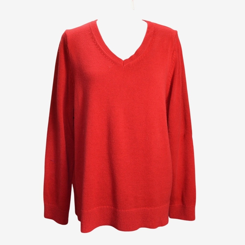 Lands End Women's V‎ Neck Red Sweater 2X 20W 22W Long Sleeve Knit Pullover Plus